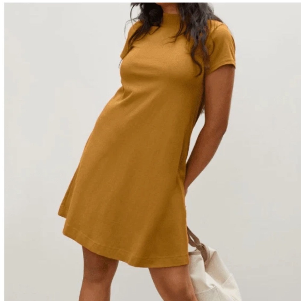 Everlane The Weekend A-Line Cotton Swing Dress Brown XXS Mock Neck Mini
